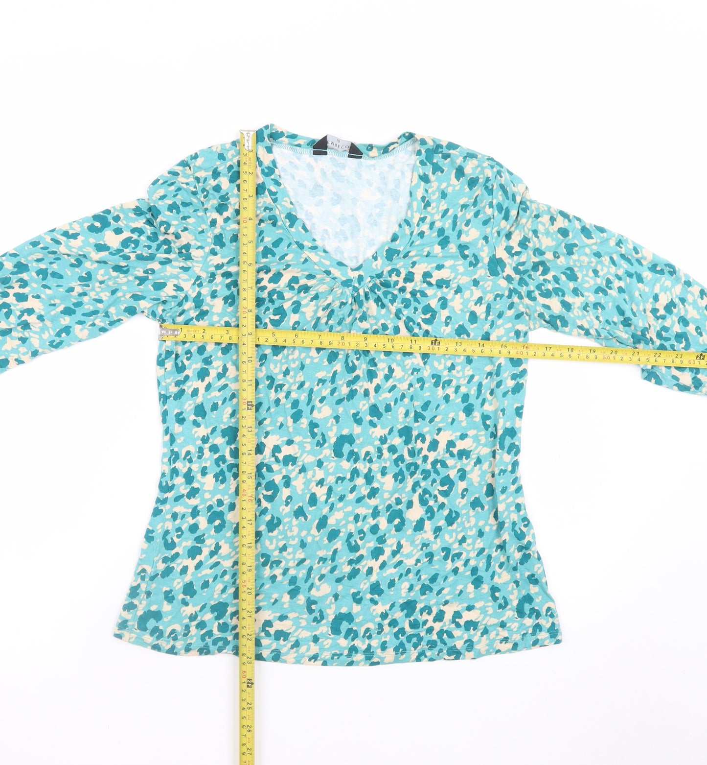 Emreco Women's Blue Animal Print V-Neck Long Sleeve Tunic Blouse Size 10