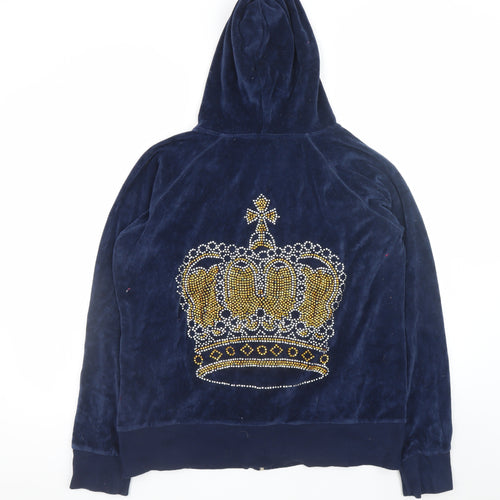 Tone Sport Women Navy Velour Full Zip Hoodie XXL Rhinestone Crown Design