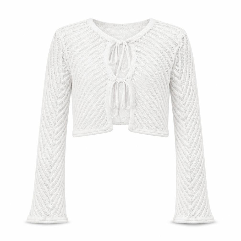 Front view of River Island Women White Open-Knit Tie Front Cardigan, size 6