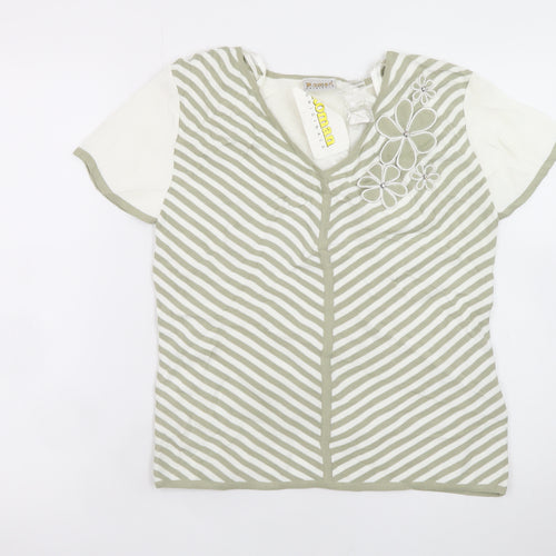 Roman Originals Women Beige Striped V-Neck Embroidered Short Sleeve T-Shirt Size S