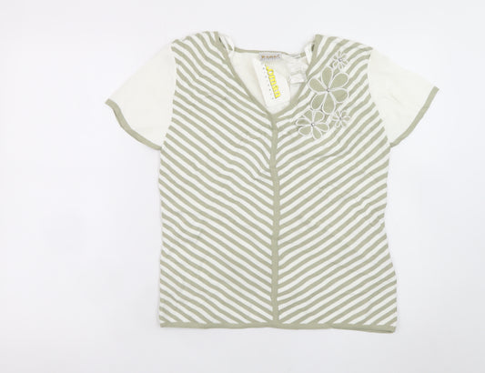 Roman Originals Women Beige Striped V-Neck Embroidered Short Sleeve T-Shirt Size S
