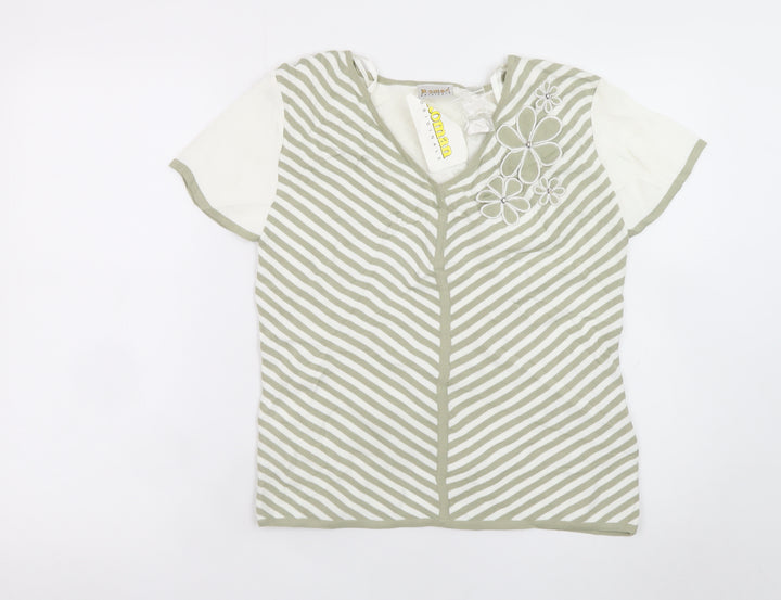 Roman Originals Women Beige Striped V-Neck Embroidered Short Sleeve T-Shirt Size S