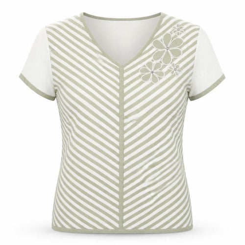 Roman Originals Women Beige Striped V-Neck Embroidered Short Sleeve T-Shirt Size S