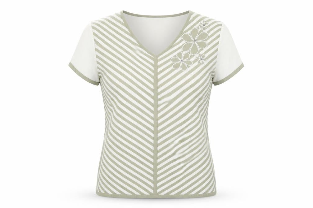 Roman Originals Women Beige Striped V-Neck Embroidered Short Sleeve T-Shirt Size S