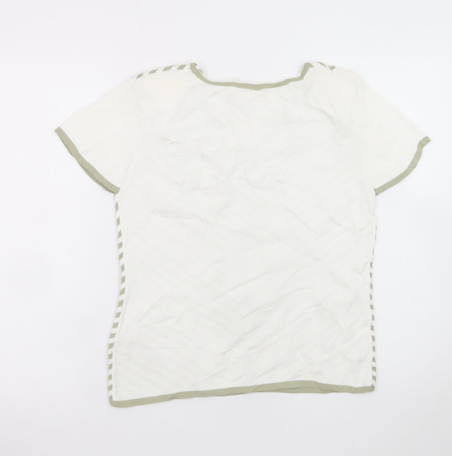 Roman Originals Women Beige Striped V-Neck Embroidered Short Sleeve T-Shirt Size S