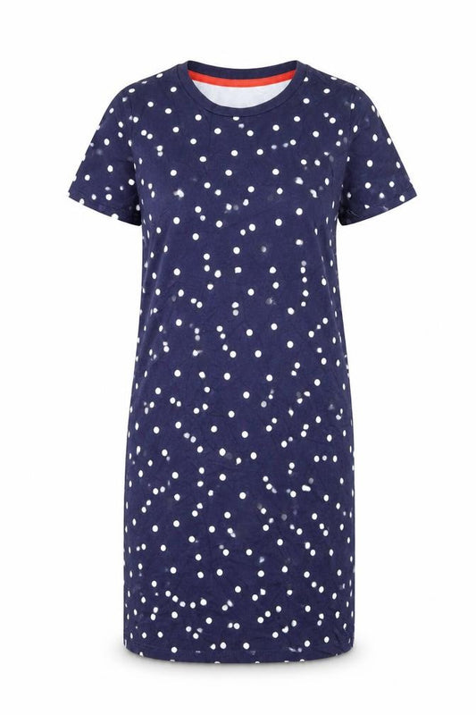 Front view of Joules Women's Blue Polka Dot Cotton T-Shirt Dress, size 10