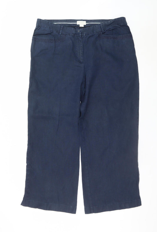 Monsoon Women’s Blue Linen Cropped Wide-Leg Trousers Size 18