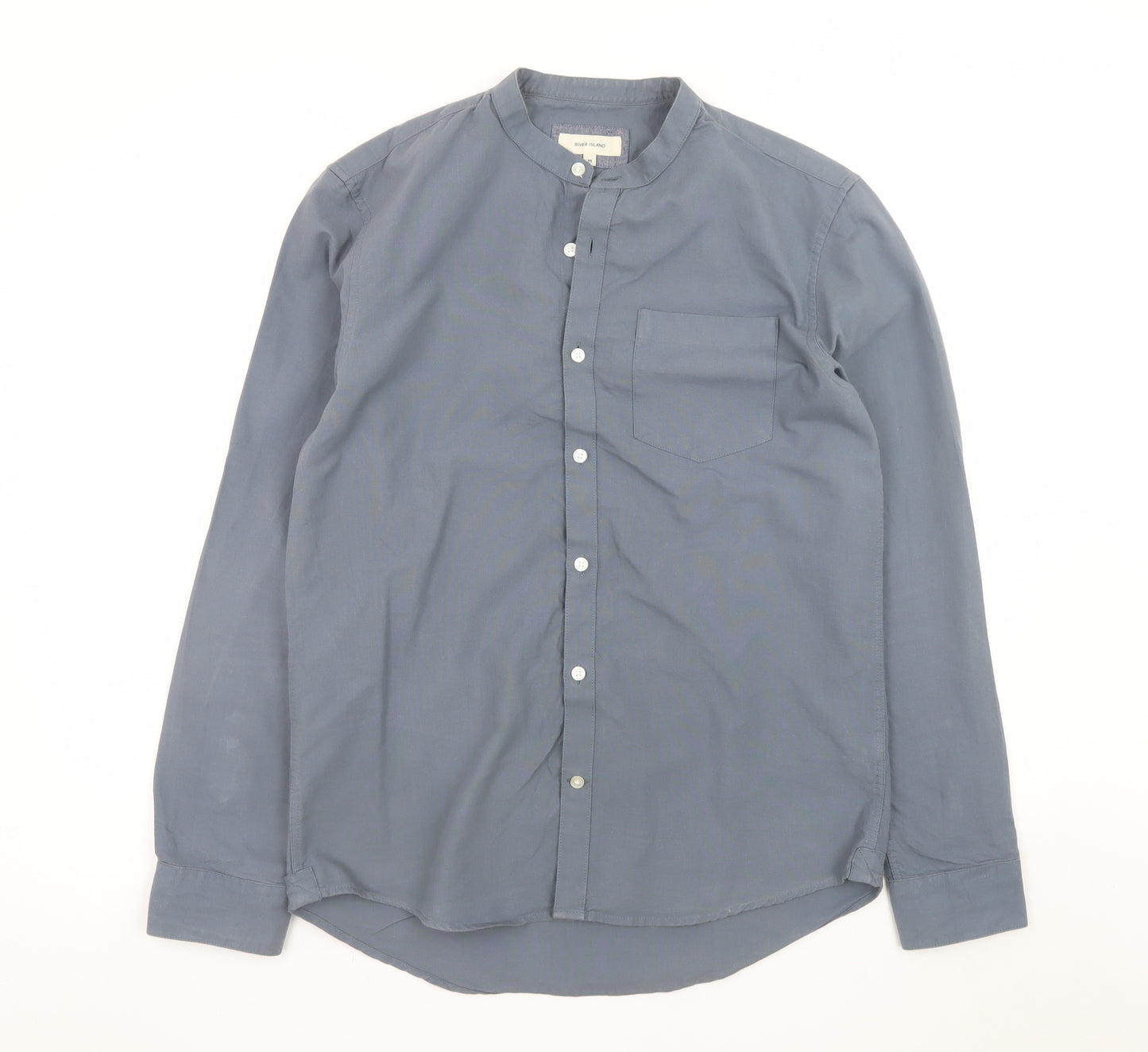 River Island Men's Blue Cotton Band Collar Button-Up Shirt M