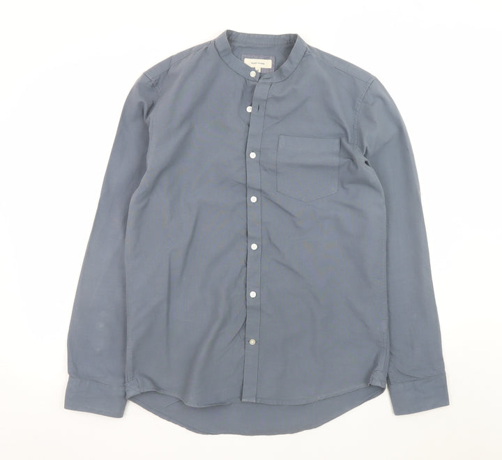 River Island Men's Blue Cotton Band Collar Button-Up Shirt M