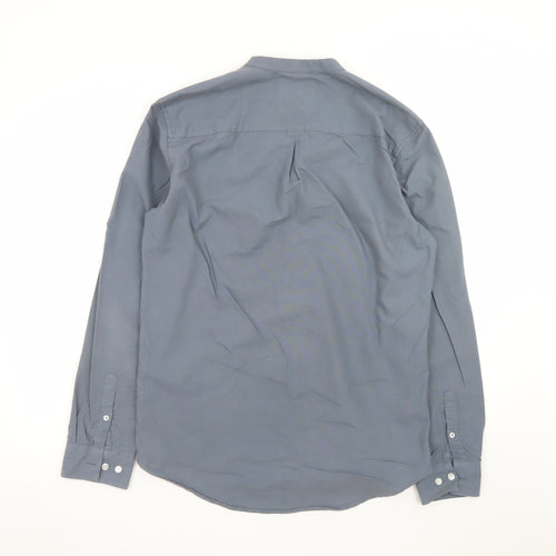 River Island Men's Blue Cotton Band Collar Button-Up Shirt M