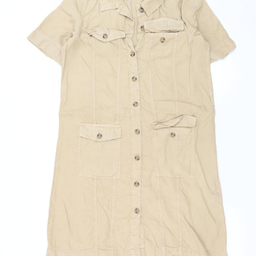 Object Women Beige Cotton Shirt Dress Size 10 Short Sleeve Casual