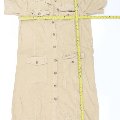 Object Women Beige Cotton Shirt Dress Size 10 Short Sleeve Casual