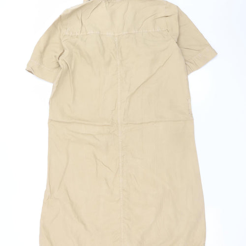 Object Women Beige Cotton Shirt Dress Size 10 Short Sleeve Casual