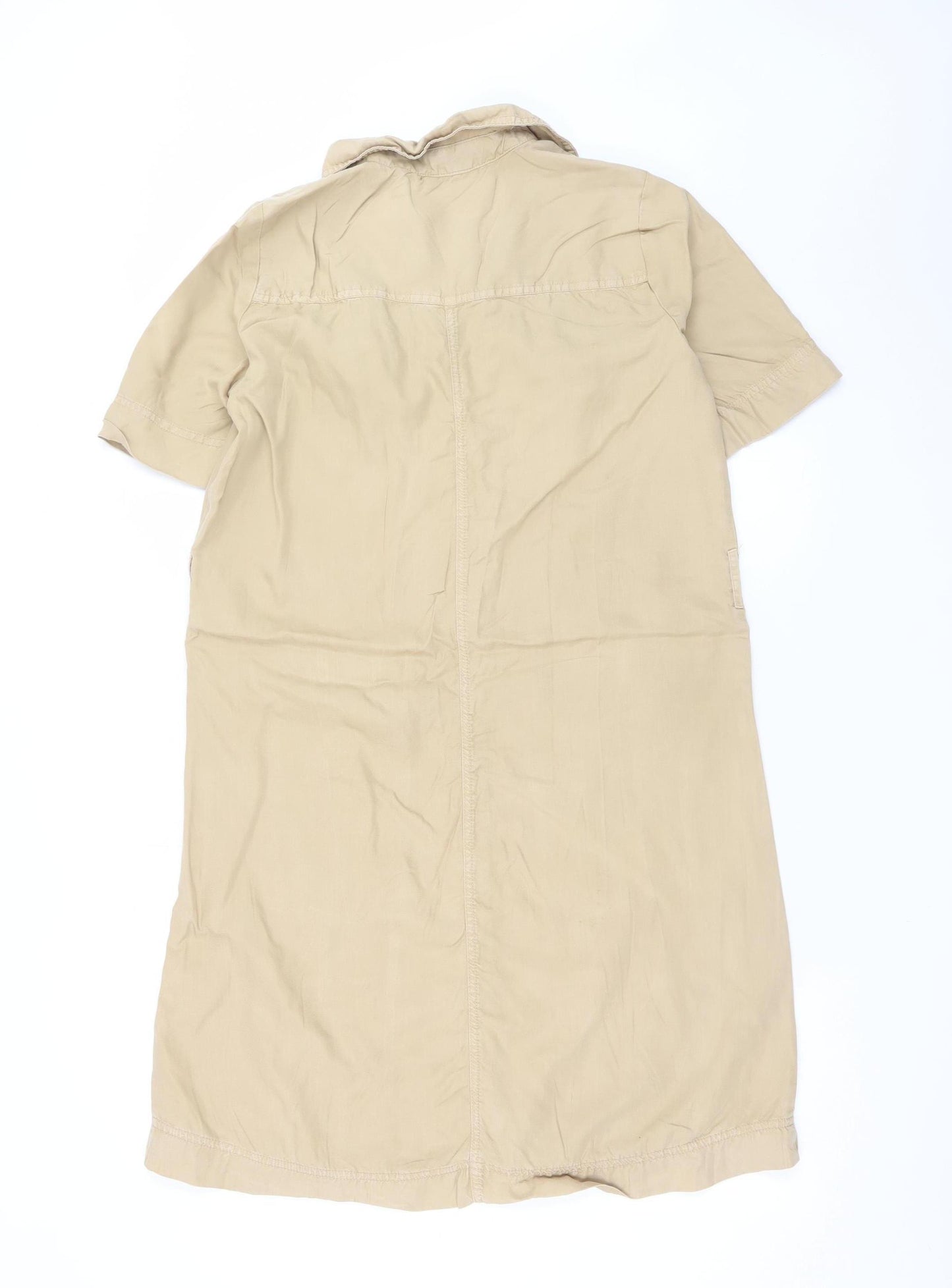 Object Women Beige Cotton Shirt Dress Size 10 Short Sleeve Casual