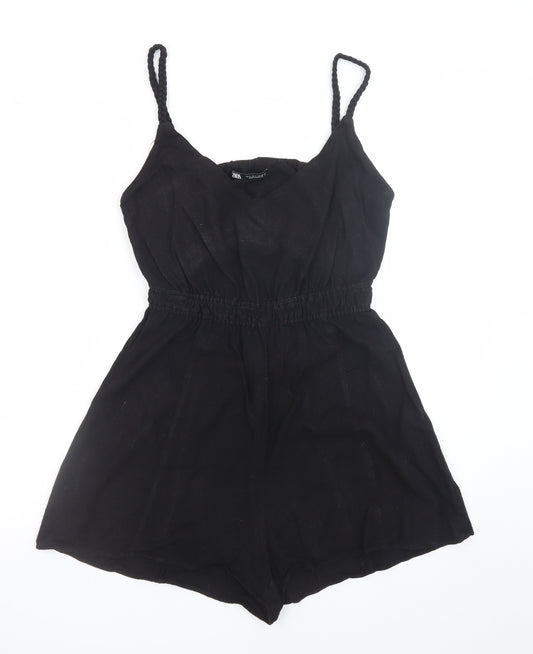 Zara Women Black Sleeveless Playsuit Size S Elastic Waist Cutout Back