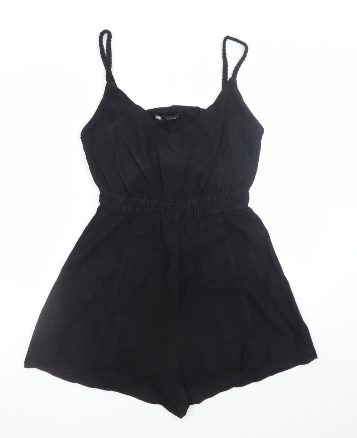 Zara Women Black Sleeveless Playsuit Size S Elastic Waist Cutout Back