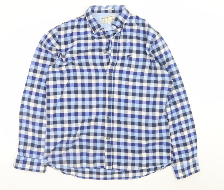 Racing Green Men's Blue Check Cotton Long Sleeve Dress Shirt XL