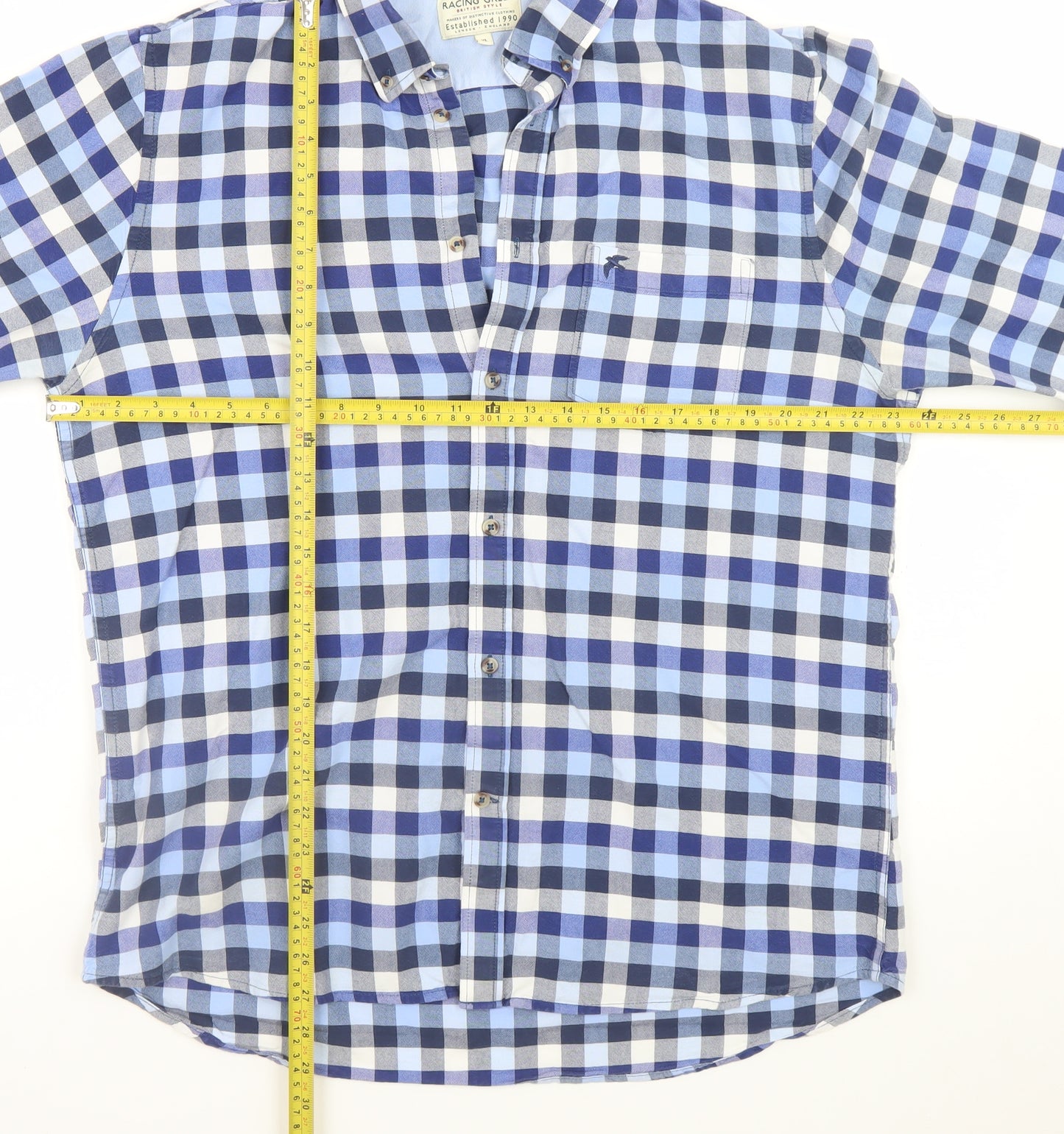 Racing Green Men's Blue Check Cotton Long Sleeve Dress Shirt XL