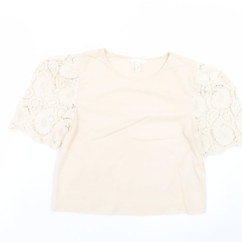 H&M Women’s Beige Lace Puff Sleeve Cropped Blouse Size S