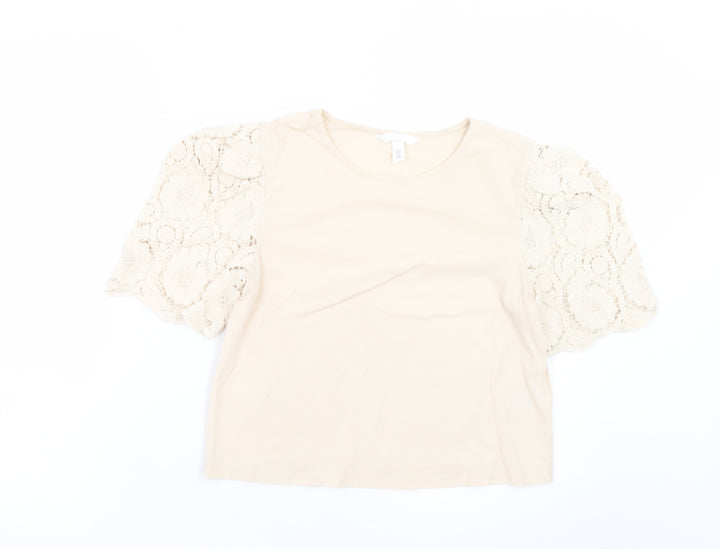 H&M Women’s Beige Lace Puff Sleeve Cropped Blouse Size S