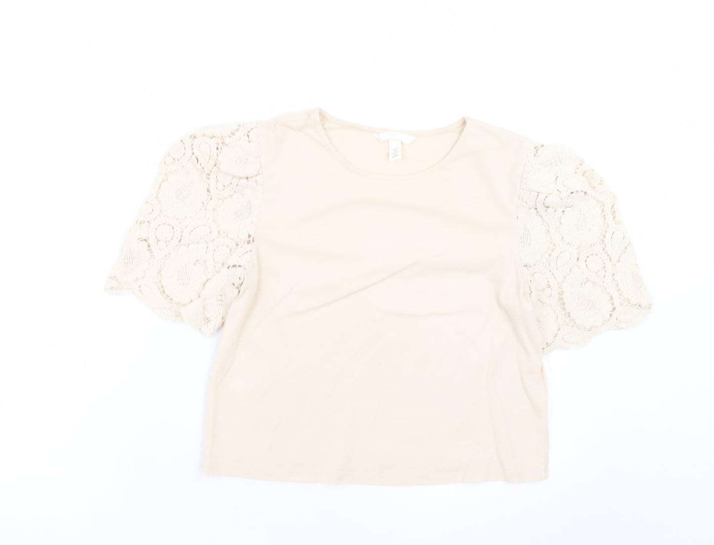 H&M Women’s Beige Lace Puff Sleeve Cropped Blouse Size S