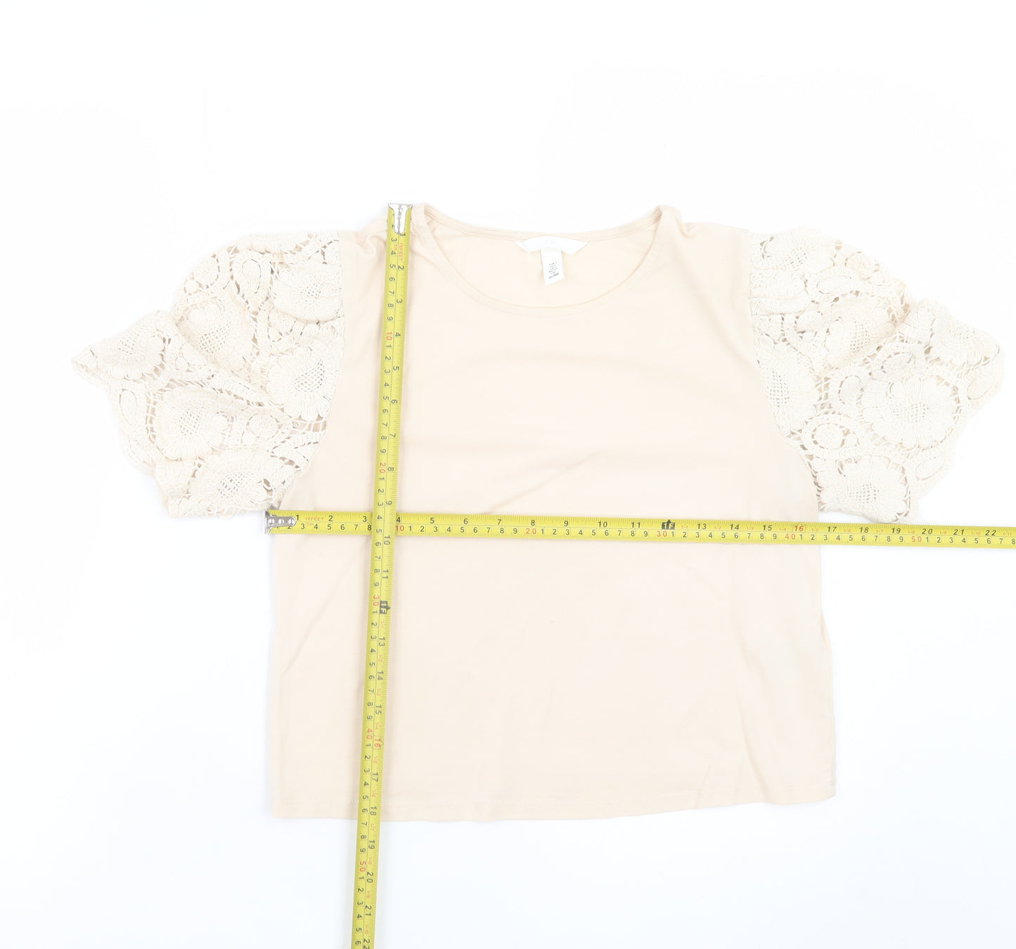 H&M Women’s Beige Lace Puff Sleeve Cropped Blouse Size S