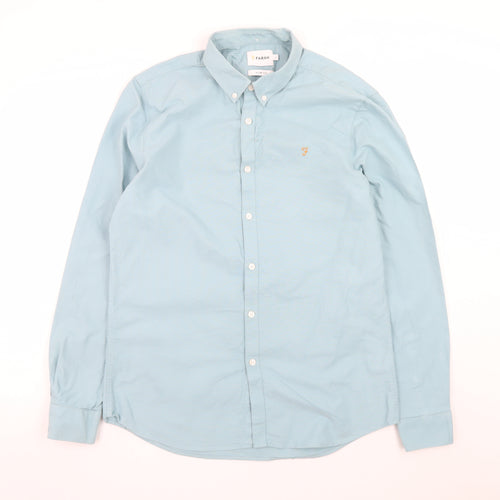 Farah Men's Blue Slim Fit Button-Down Long Sleeve Cotton Shirt L