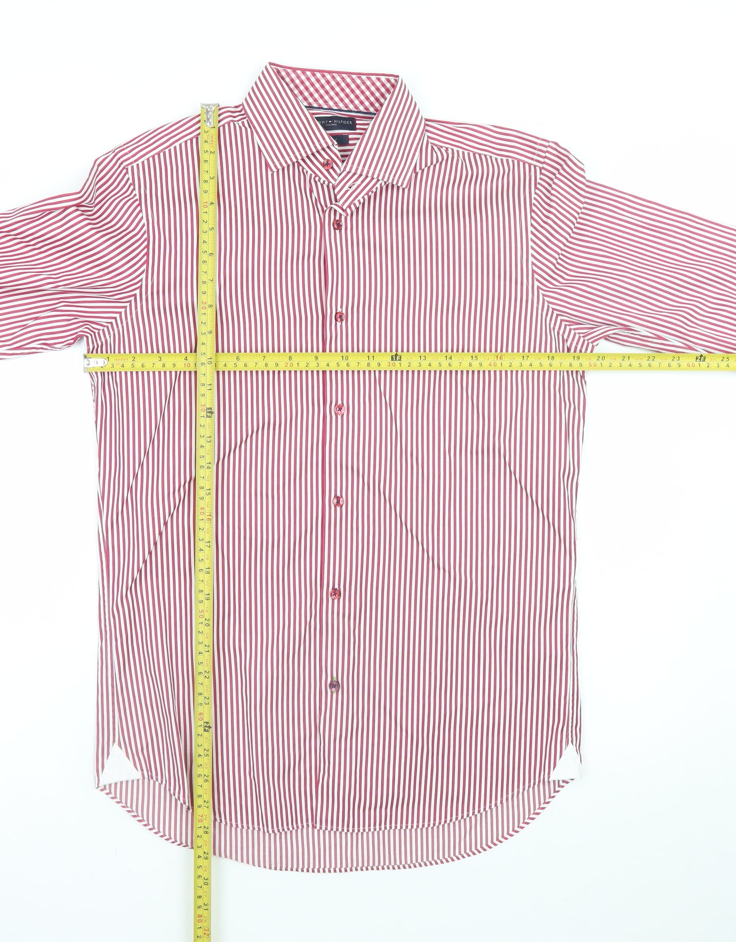 Tommy Hilfiger Men's Red Stripe Fitted Dress Shirt Size 15/38