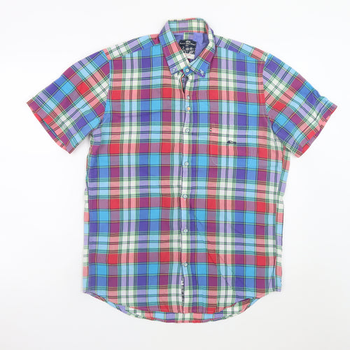 Dario Beltran Men's Multicoloured Plaid Button-Down Short Sleeve Cotton Shirt M