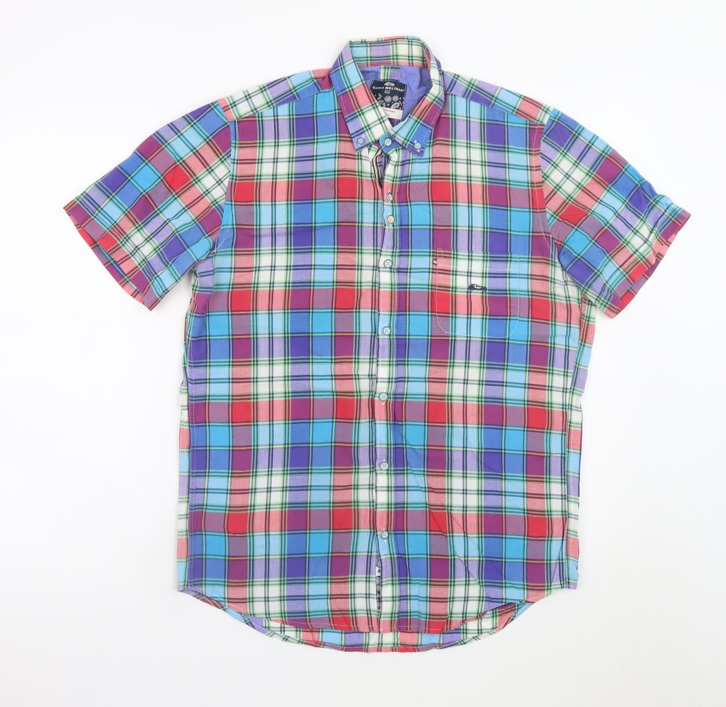 Dario Beltran Men's Multicoloured Plaid Button-Down Short Sleeve Cotton Shirt M