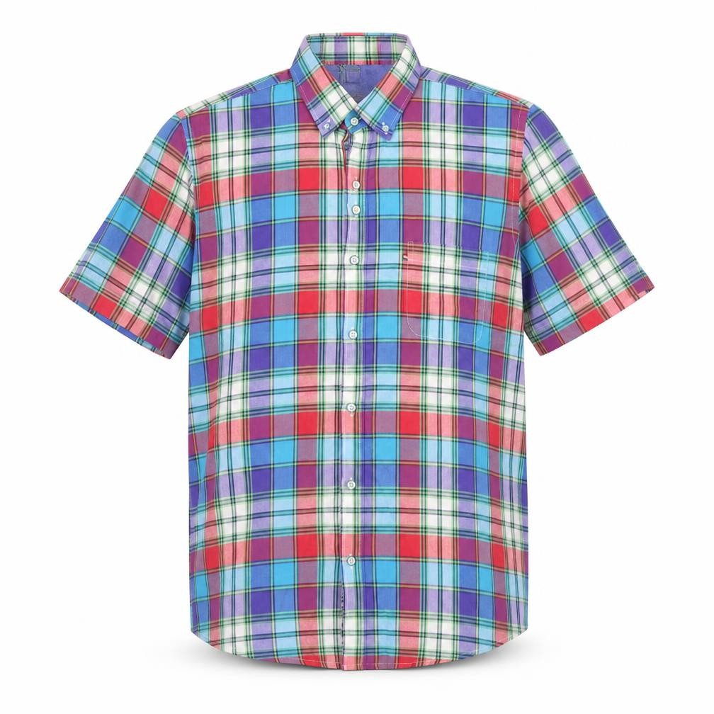 Dario Beltran Men's Multicoloured Plaid Button-Down Short Sleeve Cotton Shirt M