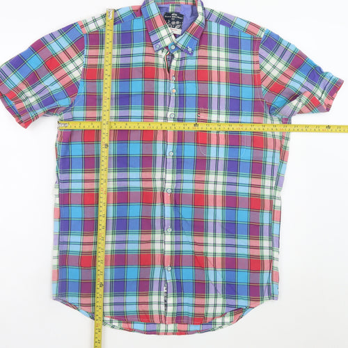 Dario Beltran Men's Multicoloured Plaid Button-Down Short Sleeve Cotton Shirt M