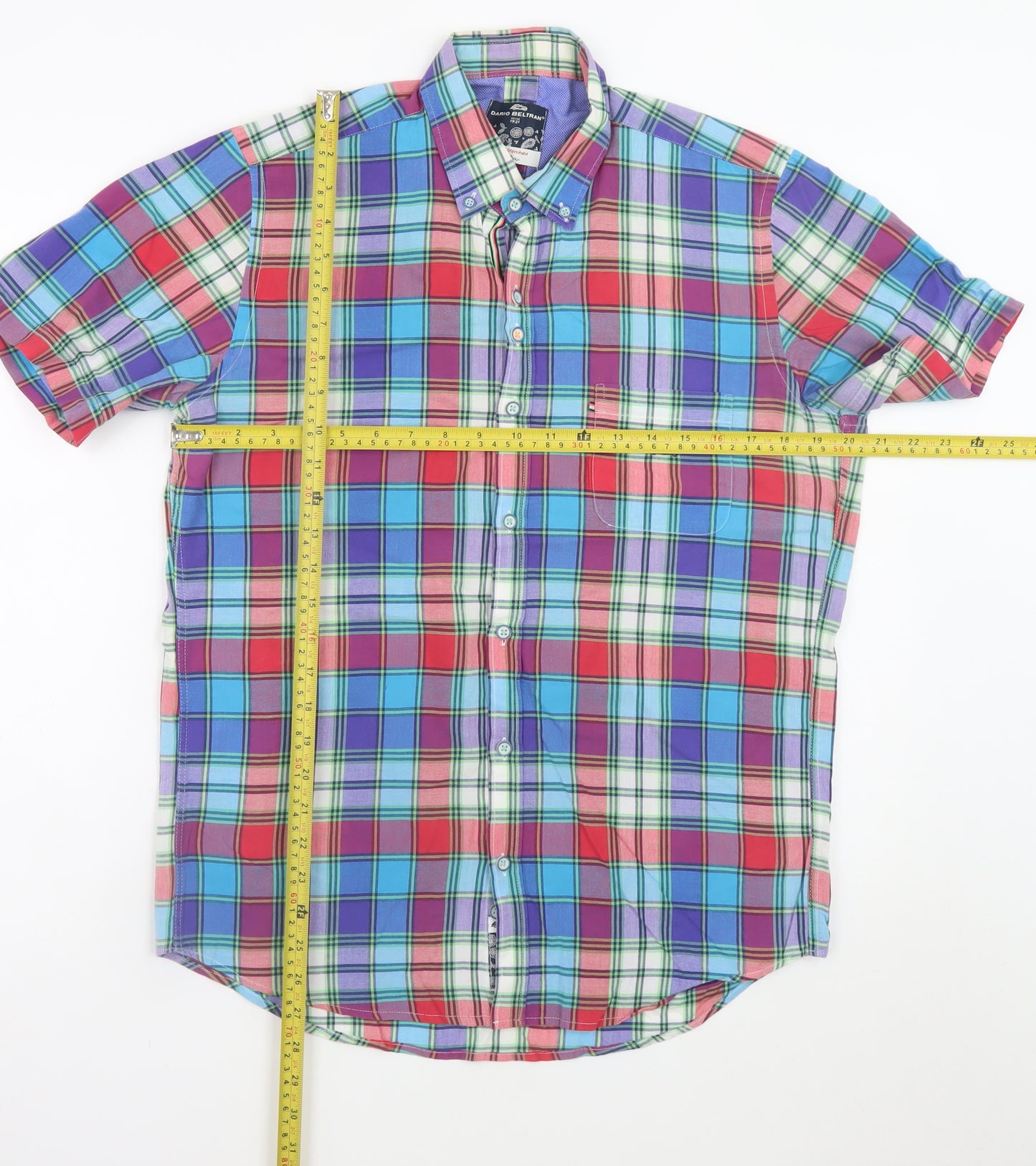 Dario Beltran Men's Multicoloured Plaid Button-Down Short Sleeve Cotton Shirt M