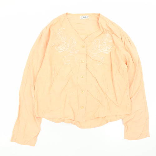 Oui Women's Orange Embroidered Viscose Long Sleeve Blouse Size 14