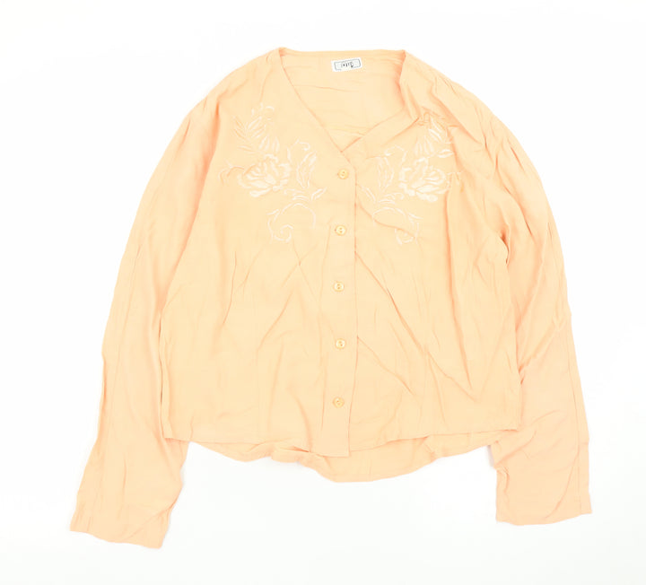 Oui Women's Orange Embroidered Viscose Long Sleeve Blouse Size 14