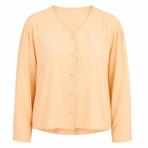 Oui Women's Orange Embroidered Viscose Long Sleeve Blouse Size 14