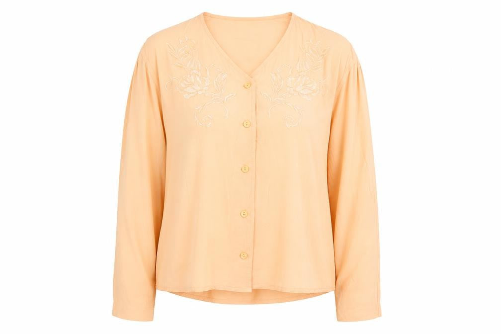 Oui Women's Orange Embroidered Viscose Long Sleeve Blouse Size 14