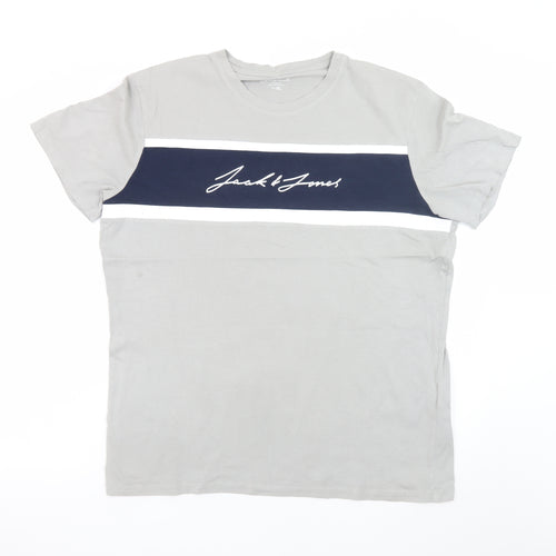 Jack & Jones Men's Grey Colourblock Logo Crew Neck T-Shirt XL