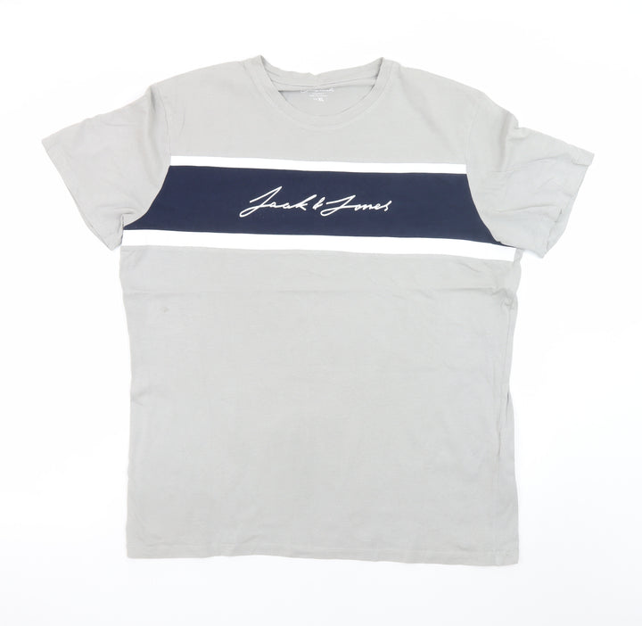 Jack & Jones Men's Grey Colourblock Logo Crew Neck T-Shirt XL