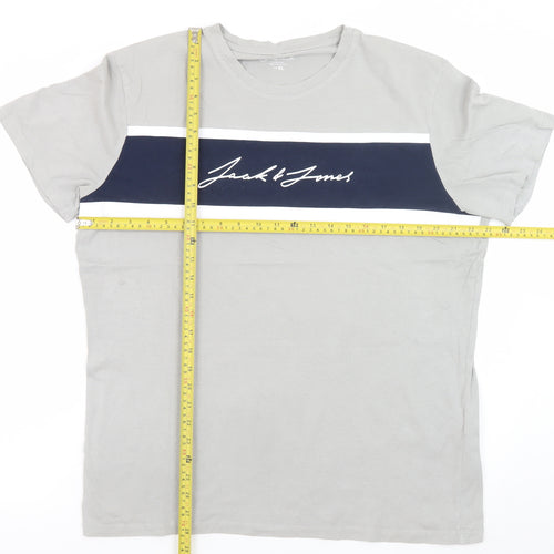 Jack & Jones Men's Grey Colourblock Logo Crew Neck T-Shirt XL