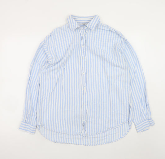 Stradivarius Women’s Blue Striped Cotton Button-Up Shirt Size 12