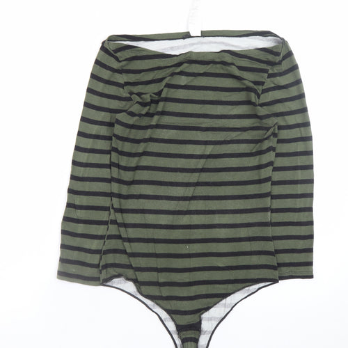 Tezenis Women's Green Striped Bodysuit Top M-L Long Sleeve Boat Neck