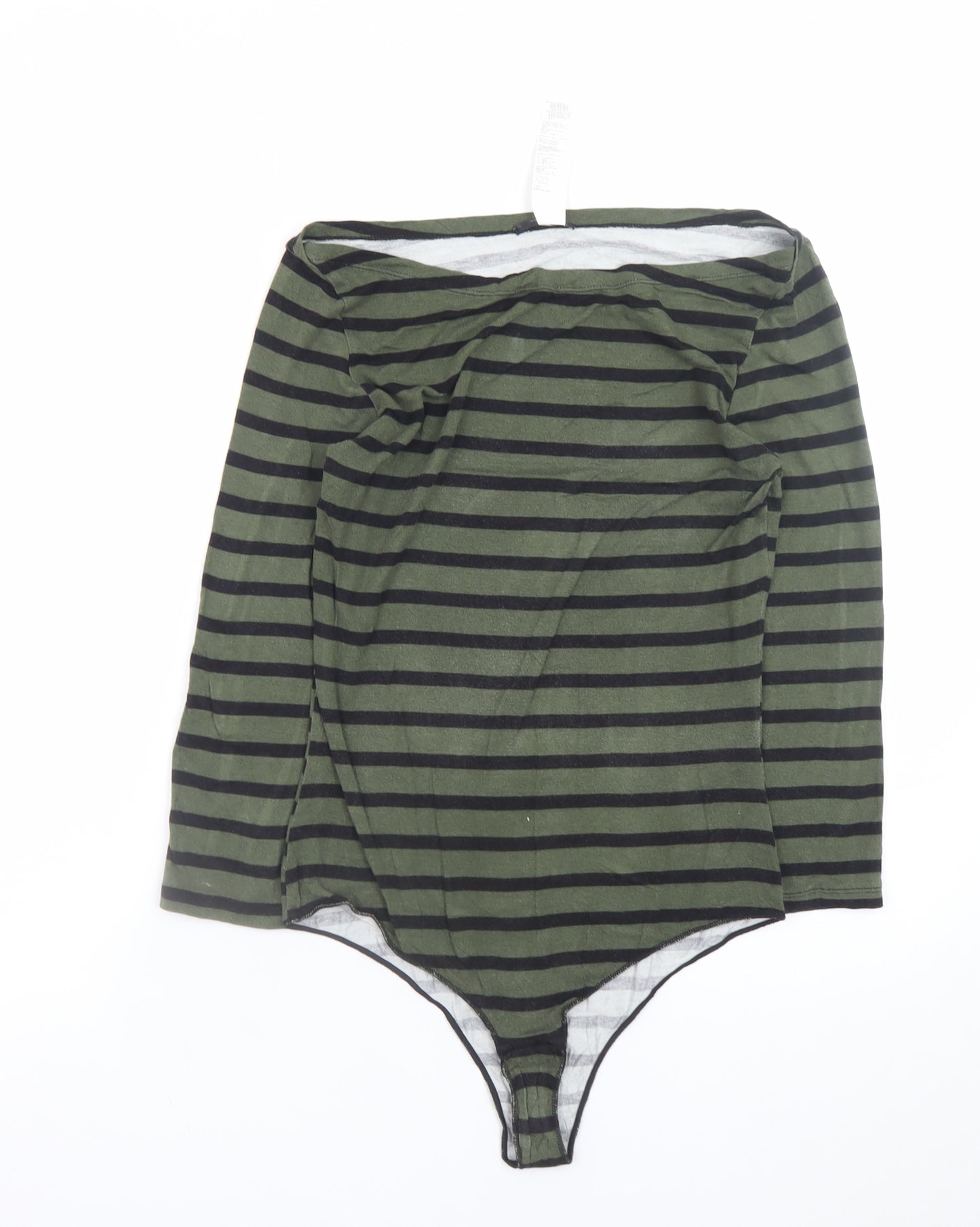 Tezenis Women's Green Striped Bodysuit Top M-L Long Sleeve Boat Neck