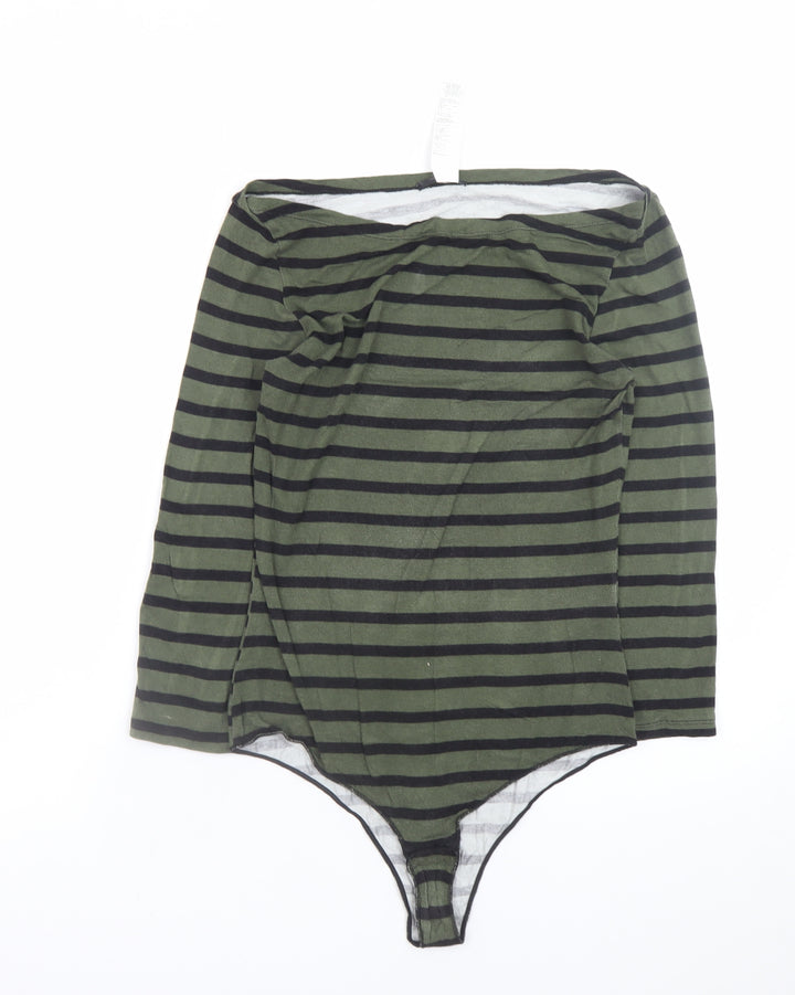 Tezenis Women's Green Striped Bodysuit Top M-L Long Sleeve Boat Neck