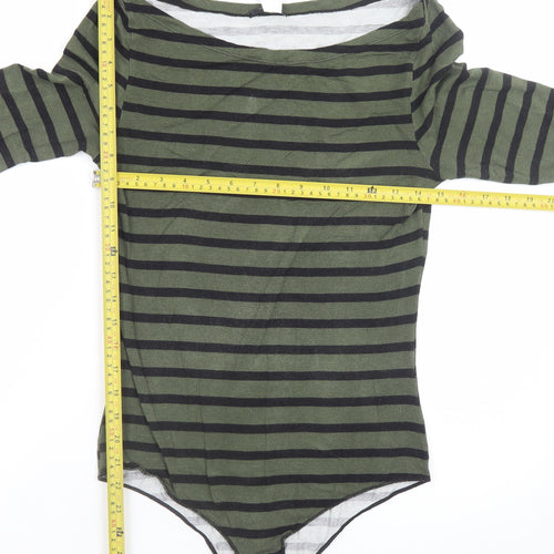 Tezenis Women's Green Striped Bodysuit Top M-L Long Sleeve Boat Neck