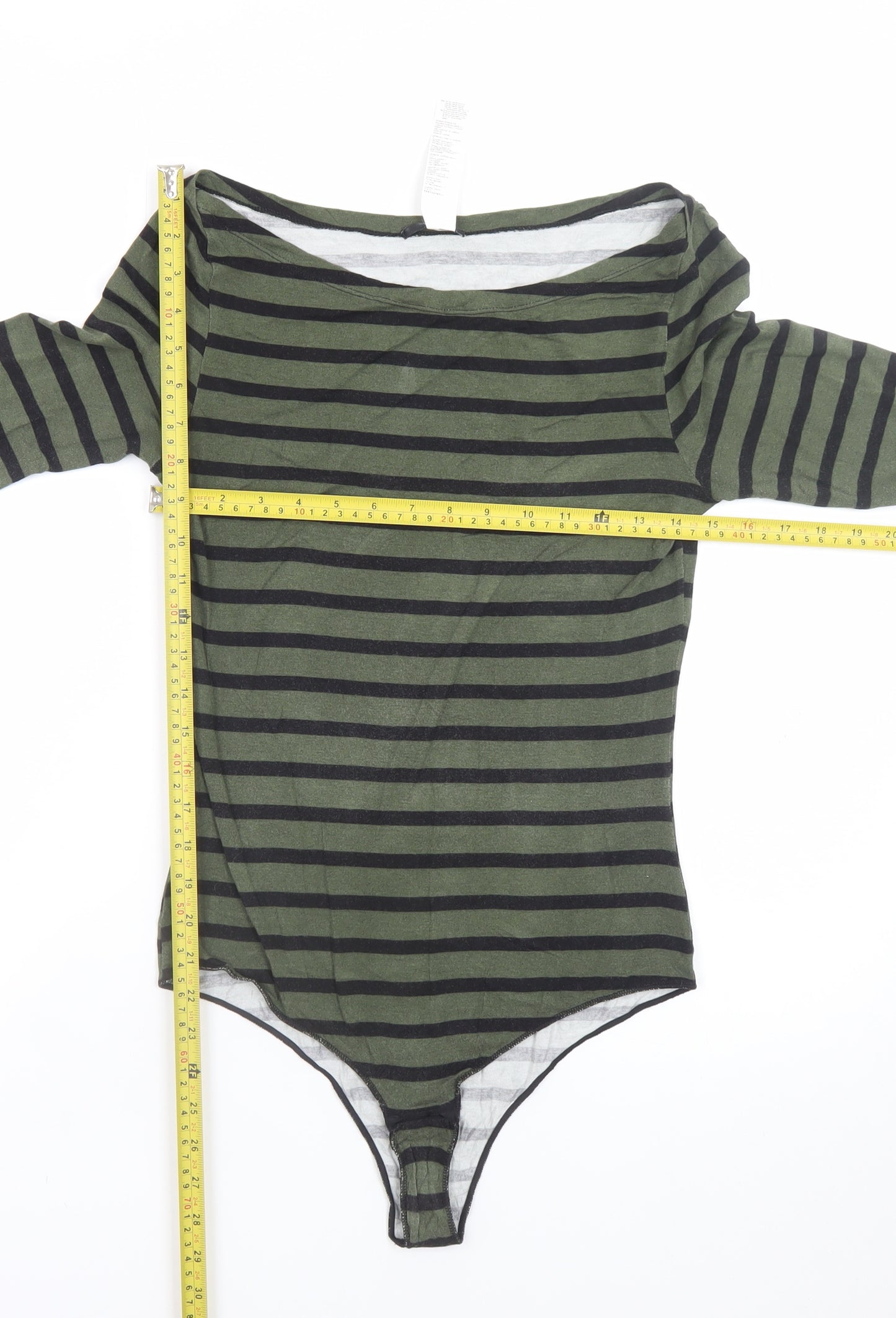 Tezenis Women's Green Striped Bodysuit Top M-L Long Sleeve Boat Neck