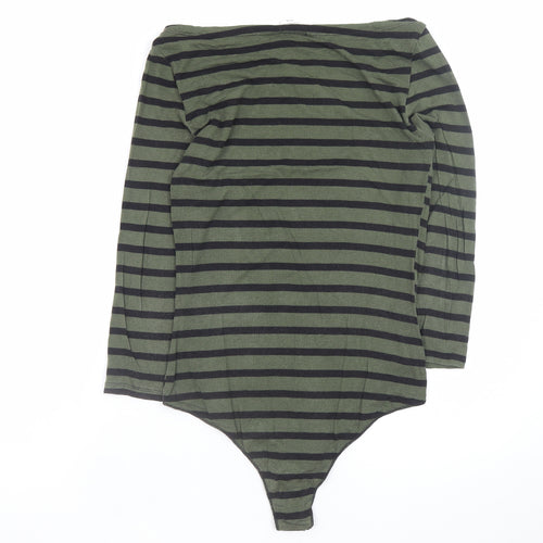 Tezenis Women's Green Striped Bodysuit Top M-L Long Sleeve Boat Neck