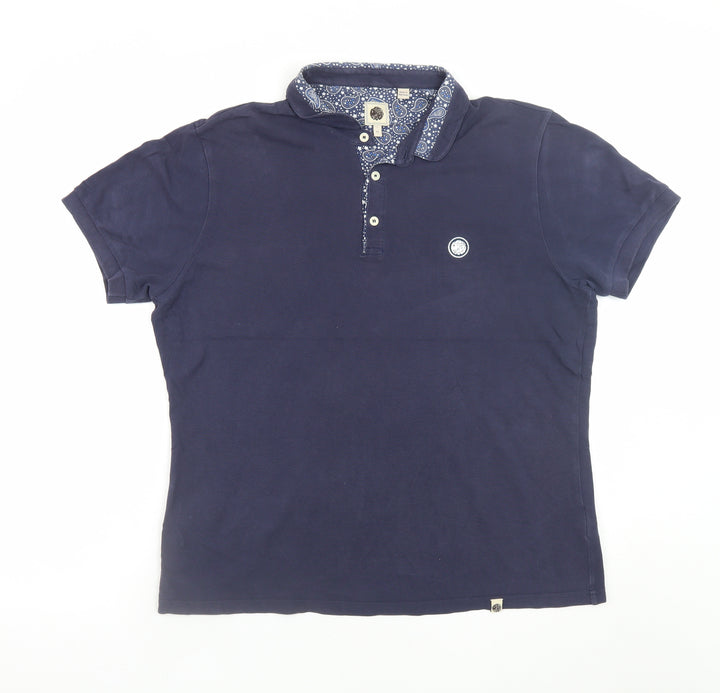 Pretty Green Men's Navy Short Sleeve Polo Shirt Size L Paisley Collar