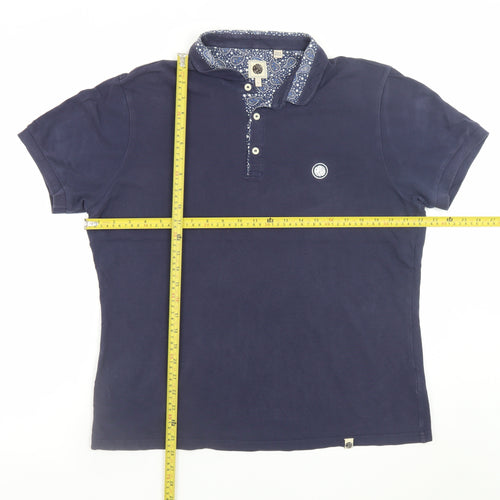Pretty Green Men's Navy Short Sleeve Polo Shirt Size L Paisley Collar