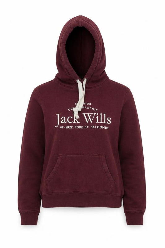 Front view of Jack Wills women’s burgundy hoodie uk 12 pullover hooded sweatshirt